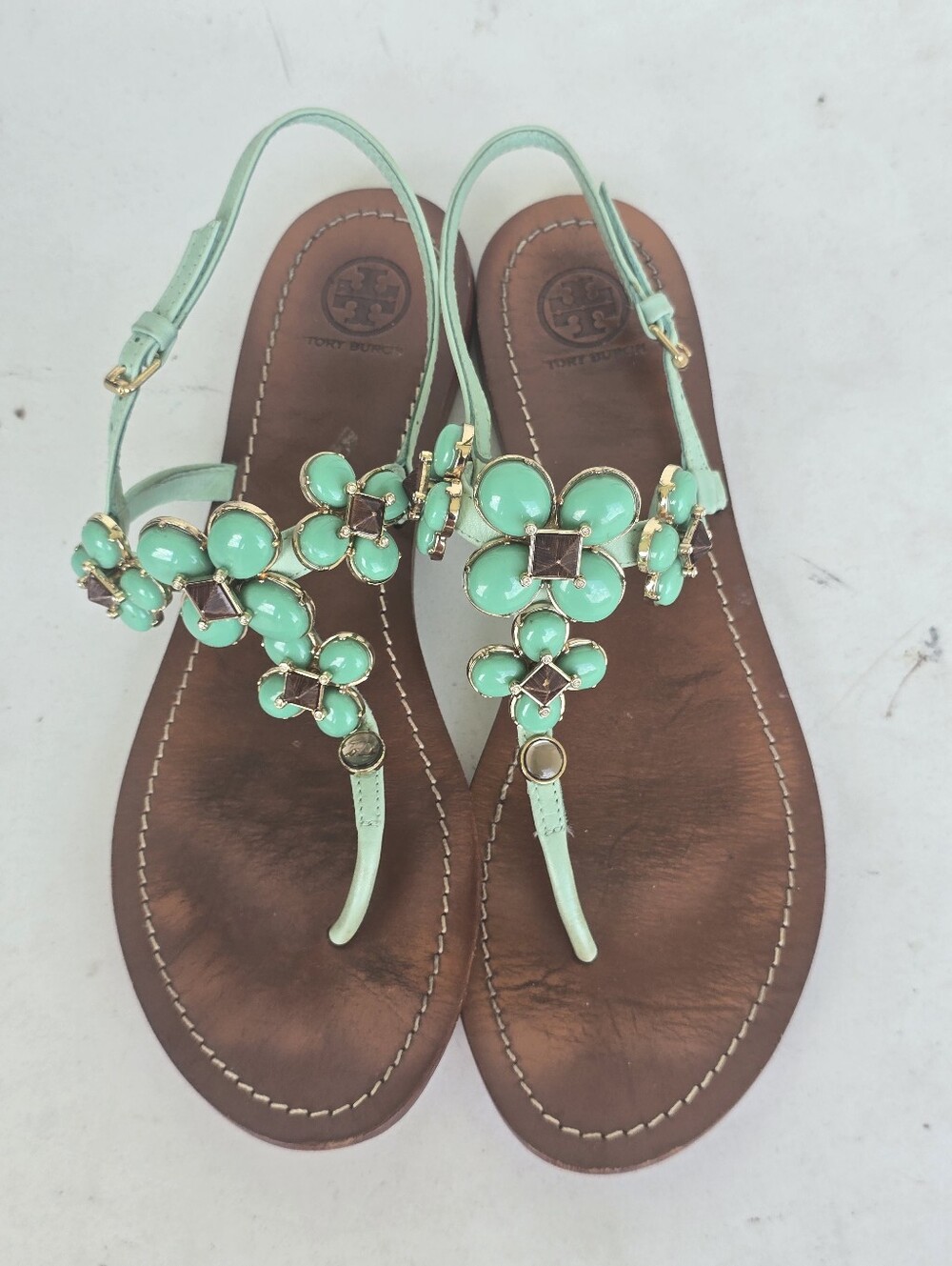 Tory Burch Mint Green Jeweled Floral Thong Sandals Leather Size 9.5M